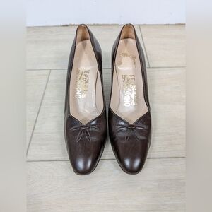 Salvatore Ferragamo Brown Leather Mid Heel Pumps